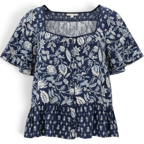 Beach Lunch Lounge Tops - Beach Lunch Lounge Navy Floral Cotton Button Front‎ Peplum Top Square Neck XL